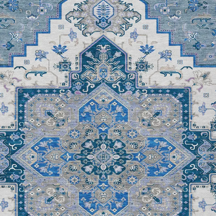 5' X 8' Blue Gray And Ivory Oriental Washable Indoor Outdoor Area Rug