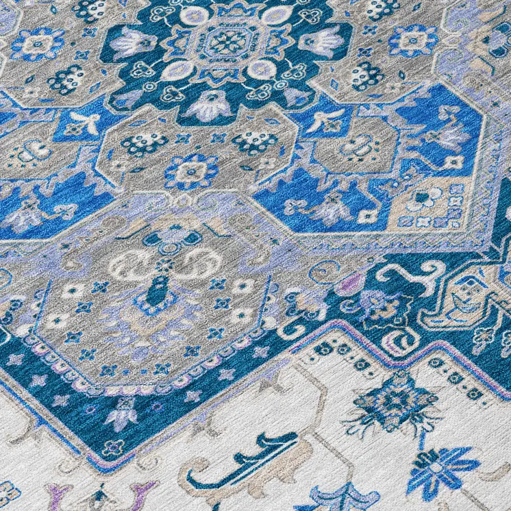 5' X 8' Blue Gray And Ivory Oriental Washable Indoor Outdoor Area Rug