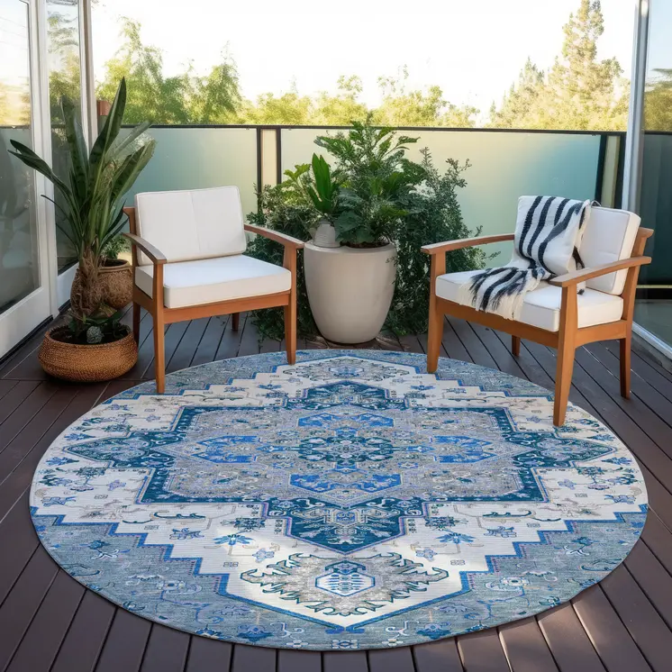 8' Blue Gray And Ivory Round Oriental Washable Indoor Outdoor Area Rug