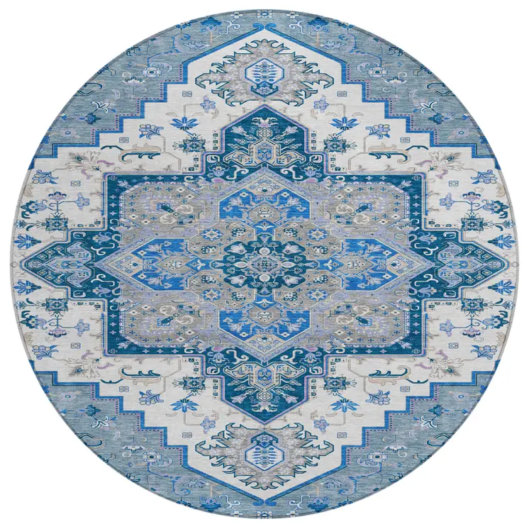 8' Blue Gray And Ivory Round Oriental Washable Indoor Outdoor Area Rug