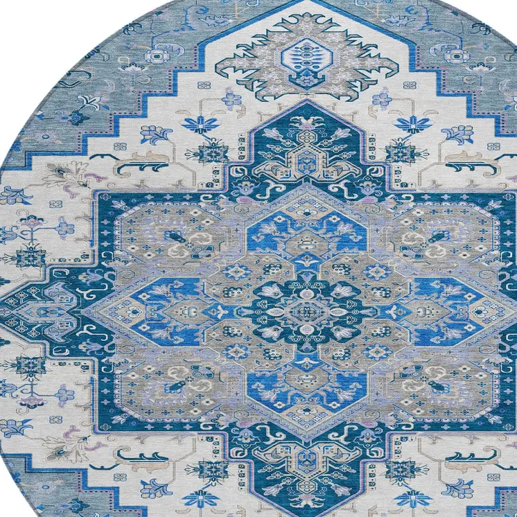 8' Blue Gray And Ivory Round Oriental Washable Indoor Outdoor Area Rug