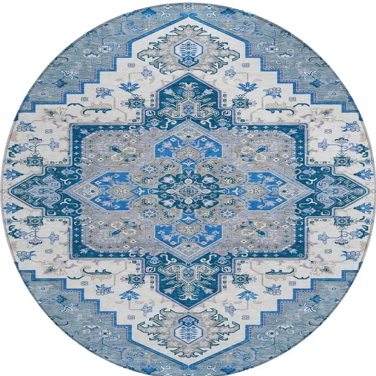 8' Blue Gray And Ivory Round Oriental Washable Indoor Outdoor Area Rug