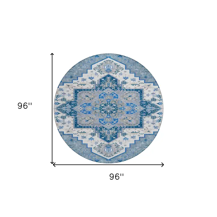 8' Blue Gray And Ivory Round Oriental Washable Indoor Outdoor Area Rug