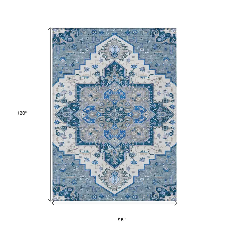 8' X 10' Blue Gray And Ivory Oriental Washable Indoor Outdoor Area Rug