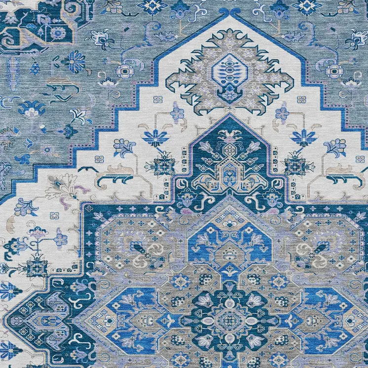 8' X 10' Blue Gray And Ivory Oriental Washable Indoor Outdoor Area Rug