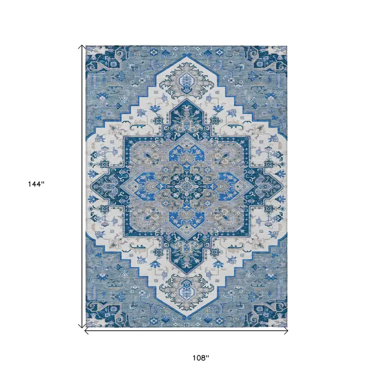 9' X 12' Blue Gray And Ivory Oriental Washable Indoor Outdoor Area Rug
