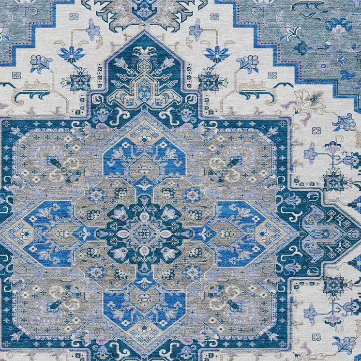 9' X 12' Blue Gray And Ivory Oriental Washable Indoor Outdoor Area Rug