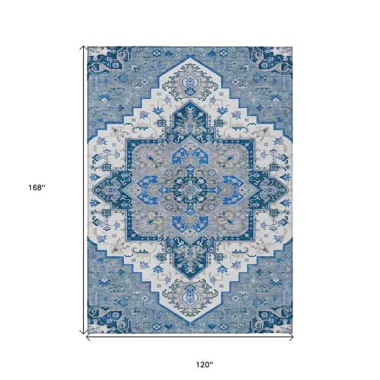 10' X 14' Blue Gray And Ivory Oriental Washable Indoor Outdoor Area Rug