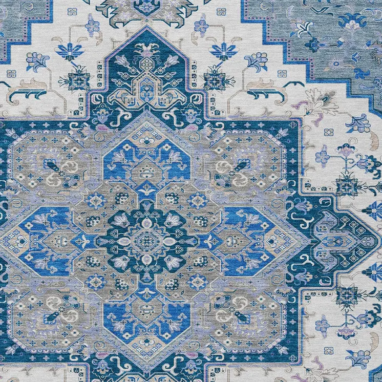 10' X 14' Blue Gray And Ivory Oriental Washable Indoor Outdoor Area Rug