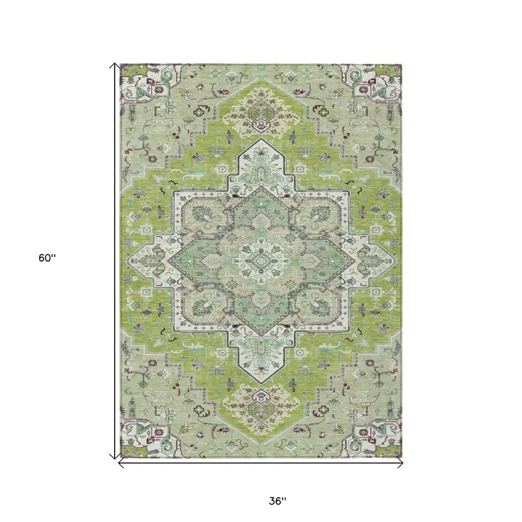 3' X 5' Green Ivory And Brown Oriental Washable Indoor Outdoor Area Rug