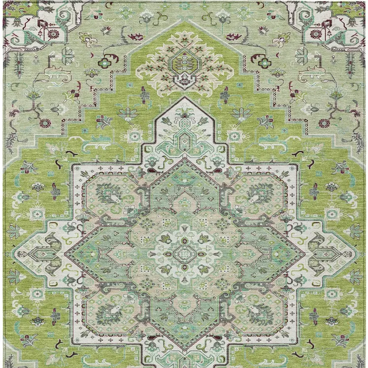 5' X 8' Green Ivory And Brown Oriental Washable Indoor Outdoor Area Rug