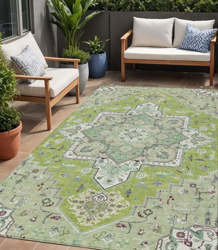 5' X 8' Green Ivory And Brown Oriental Washable Indoor Outdoor Area Rug
