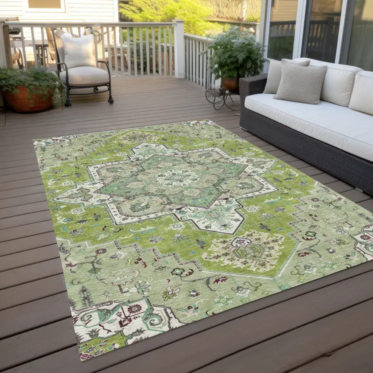 5' X 8' Green Ivory And Brown Oriental Washable Indoor Outdoor Area Rug