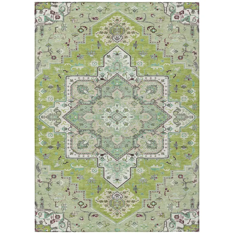 5' X 8' Green Ivory And Brown Oriental Washable Indoor Outdoor Area Rug