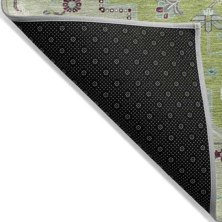 5' X 8' Green Ivory And Brown Oriental Washable Indoor Outdoor Area Rug