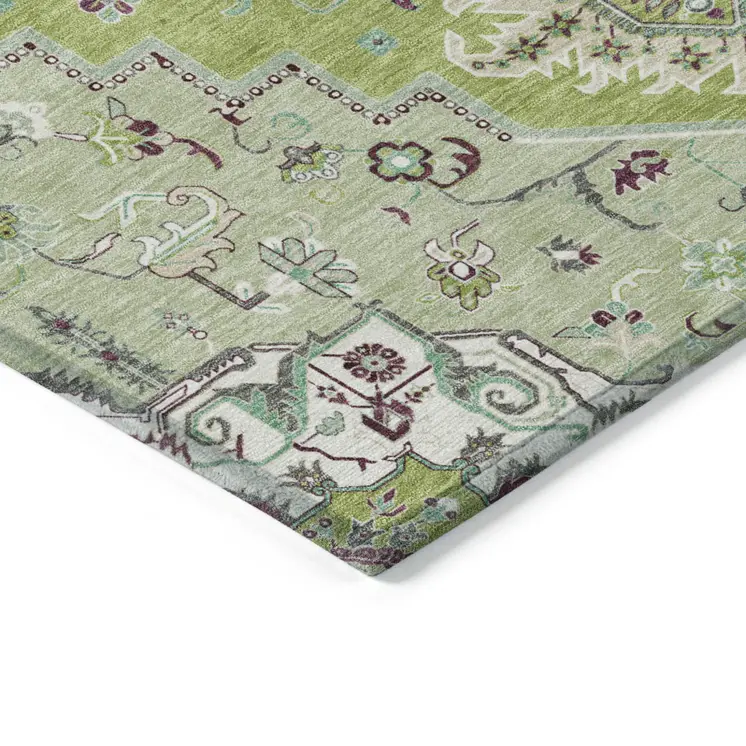 5' X 8' Green Ivory And Brown Oriental Washable Indoor Outdoor Area Rug