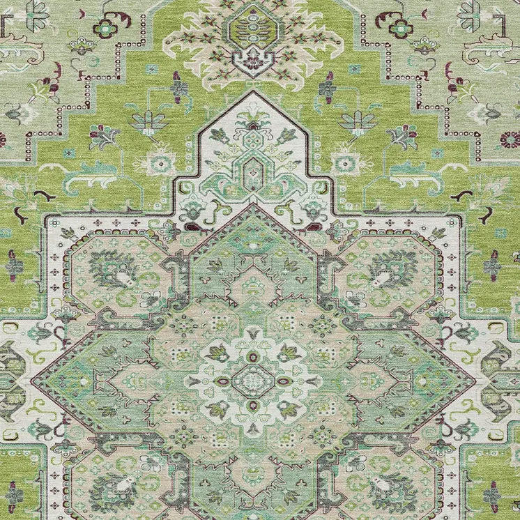 5' X 8' Green Ivory And Brown Oriental Washable Indoor Outdoor Area Rug