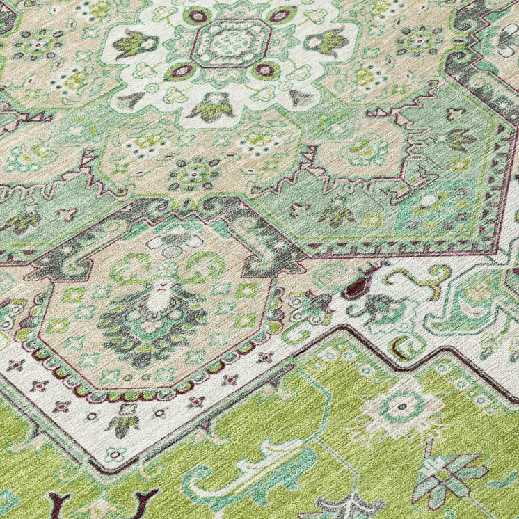 5' X 8' Green Ivory And Brown Oriental Washable Indoor Outdoor Area Rug