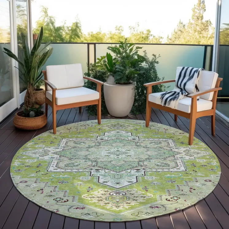 8' Green Ivory And Brown Round Oriental Washable Indoor Outdoor Area Rug