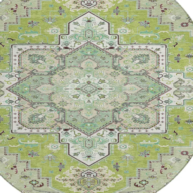 8' Green Ivory And Brown Round Oriental Washable Indoor Outdoor Area Rug