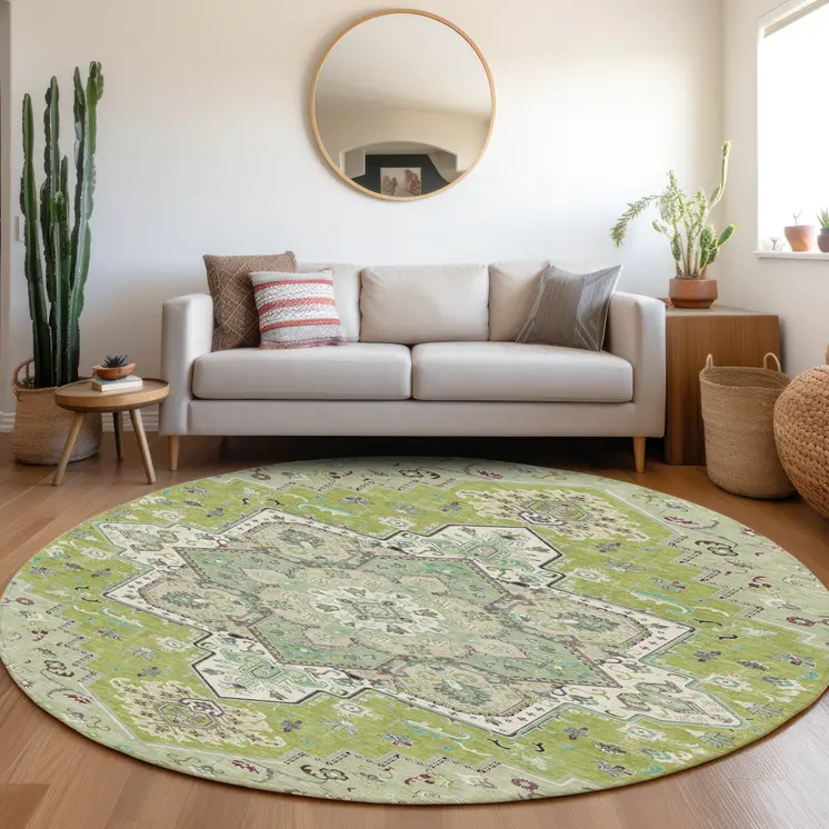 8' Green Ivory And Brown Round Oriental Washable Indoor Outdoor Area Rug