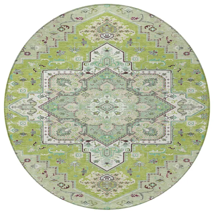 8' Green Ivory And Brown Round Oriental Washable Indoor Outdoor Area Rug