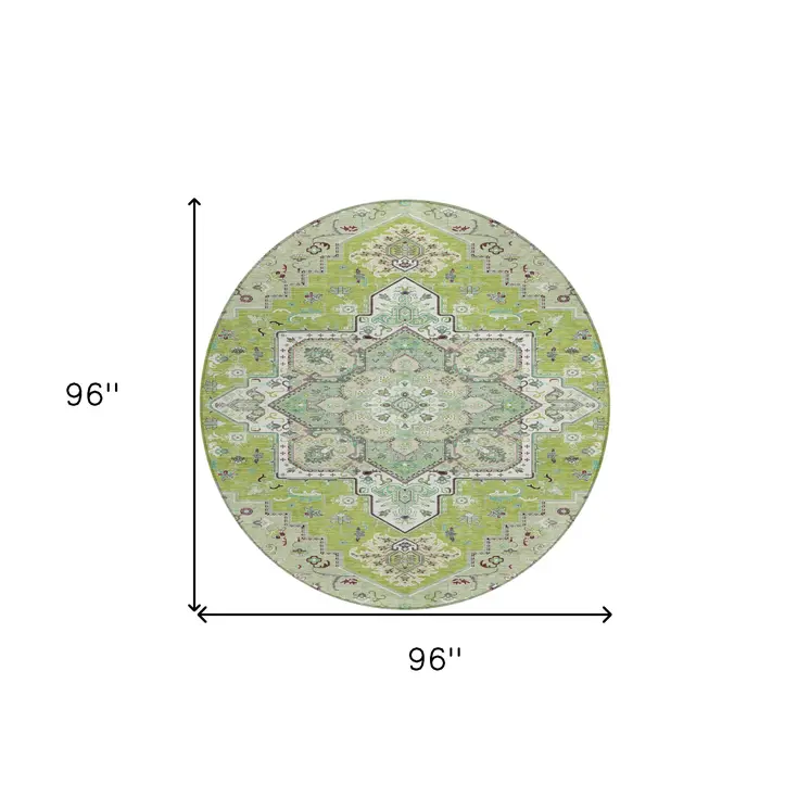 8' Green Ivory And Brown Round Oriental Washable Indoor Outdoor Area Rug