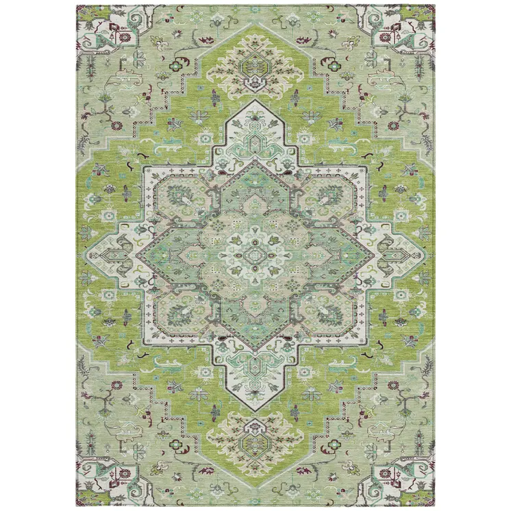 8' X 10' Green Ivory And Brown Oriental Washable Indoor Outdoor Area Rug
