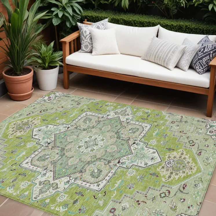 8' X 10' Green Ivory And Brown Oriental Washable Indoor Outdoor Area Rug