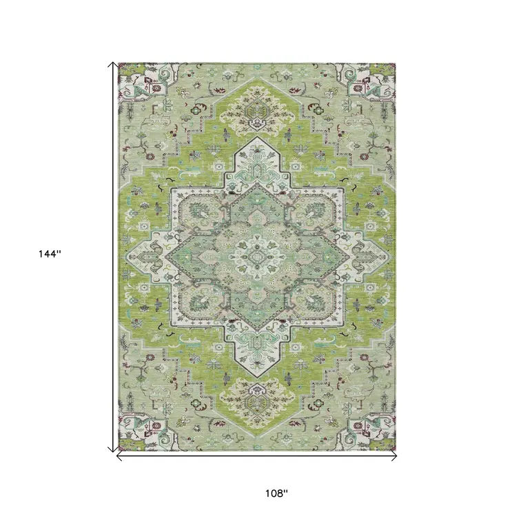 9' X 12' Green Ivory And Brown Oriental Washable Indoor Outdoor Area Rug