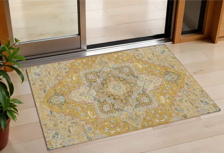 3' X 5' Gold Beige And Blue Oriental Washable Indoor Outdoor Area Rug