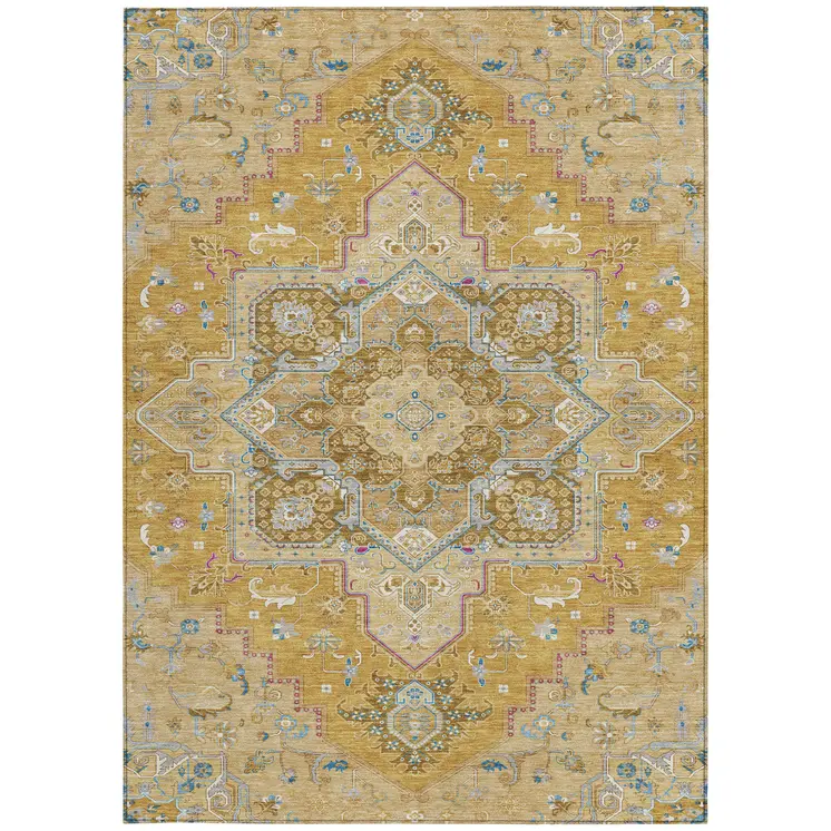 5' X 8' Gold Beige And Blue Oriental Washable Indoor Outdoor Area Rug