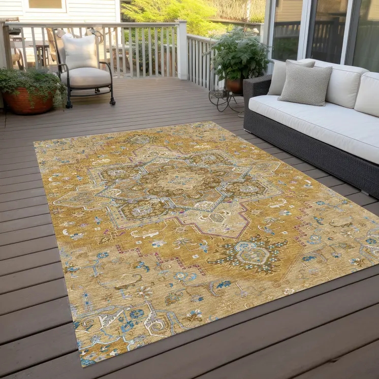5' X 8' Gold Beige And Blue Oriental Washable Indoor Outdoor Area Rug