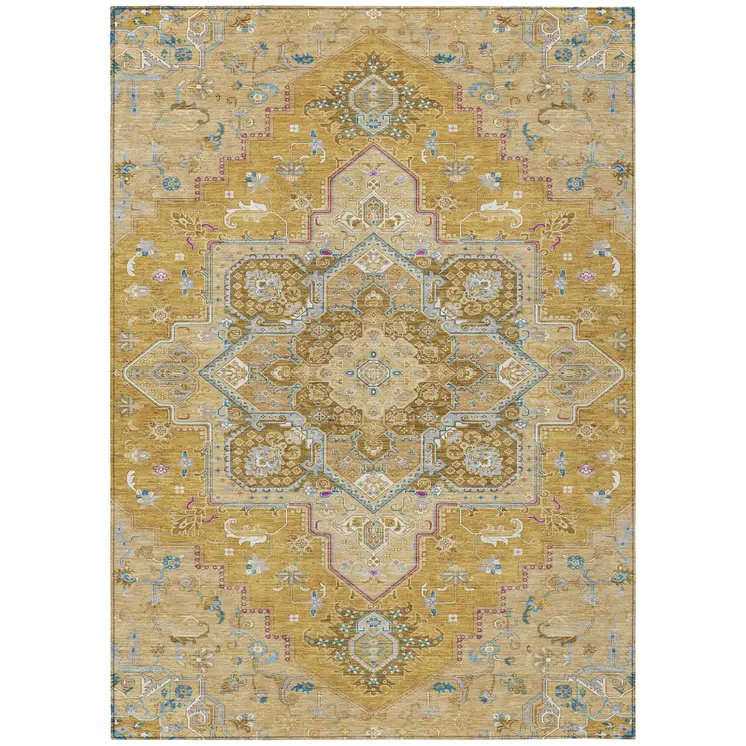 5' X 8' Gold Beige And Blue Oriental Washable Indoor Outdoor Area Rug