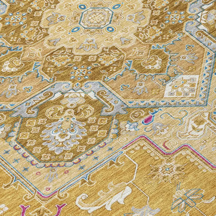 5' X 8' Gold Beige And Blue Oriental Washable Indoor Outdoor Area Rug
