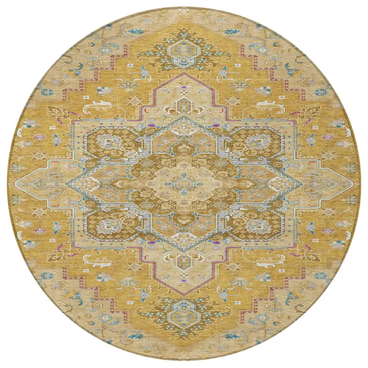 8' Gold Beige And Blue Round Oriental Washable Indoor Outdoor Area Rug
