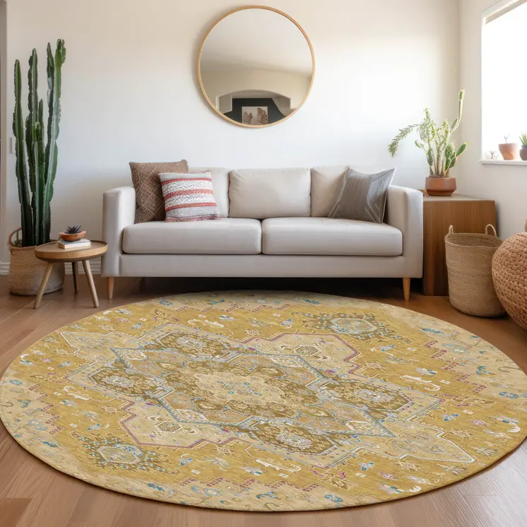 8' Gold Beige And Blue Round Oriental Washable Indoor Outdoor Area Rug
