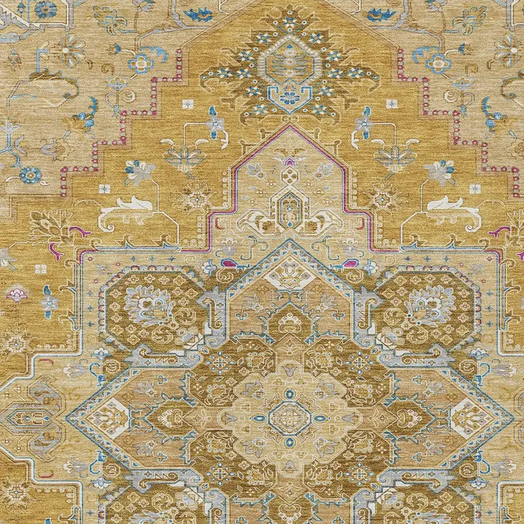 8' X 10' Gold Beige And Blue Oriental Washable Indoor Outdoor Area Rug