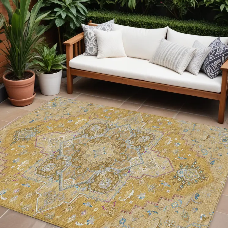 10' X 14' Gold Beige And Blue Oriental Washable Indoor Outdoor Area Rug