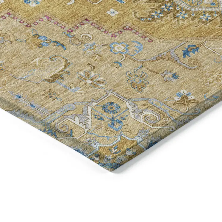 10' X 14' Gold Beige And Blue Oriental Washable Indoor Outdoor Area Rug