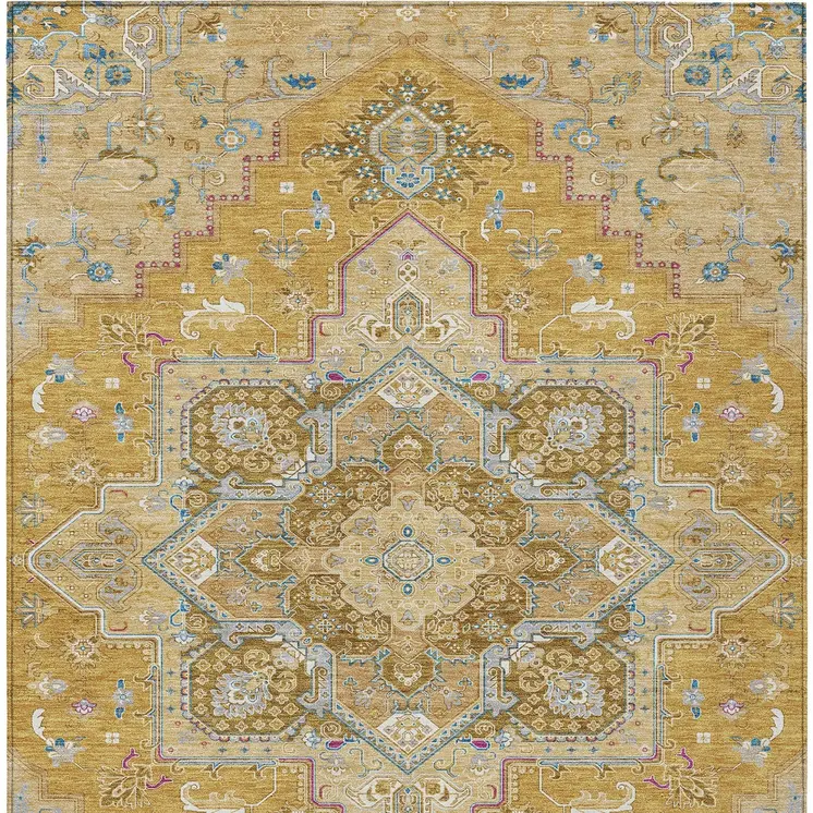 10' X 14' Gold Beige And Blue Oriental Washable Indoor Outdoor Area Rug