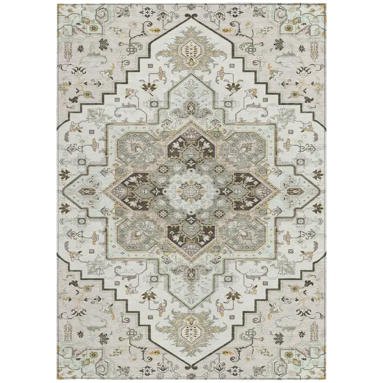 3' X 5' Ivory And Brown Oriental Washable Indoor Outdoor Area Rug