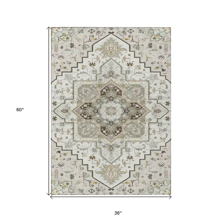3' X 5' Ivory And Brown Oriental Washable Indoor Outdoor Area Rug
