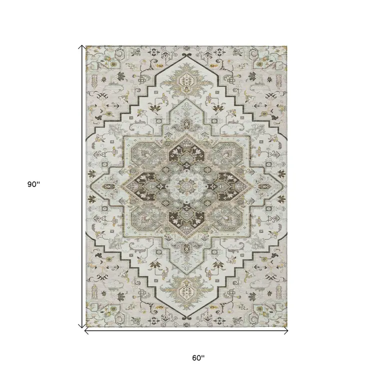 5' X 8' Ivory And Brown Oriental Washable Indoor Outdoor Area Rug