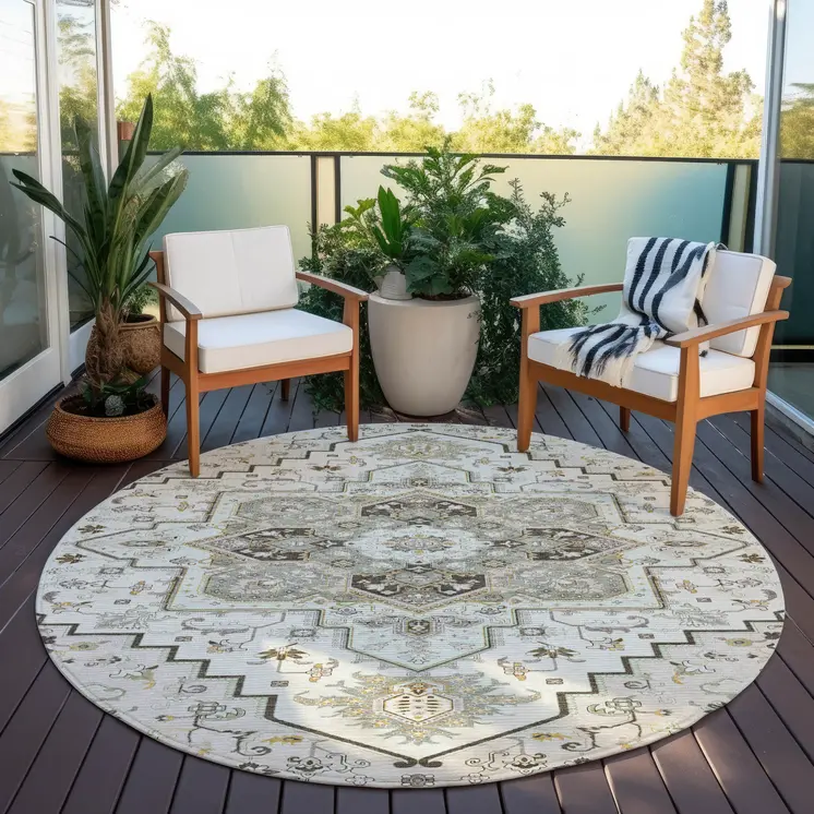 8' Ivory And Brown Round Oriental Washable Indoor Outdoor Area Rug