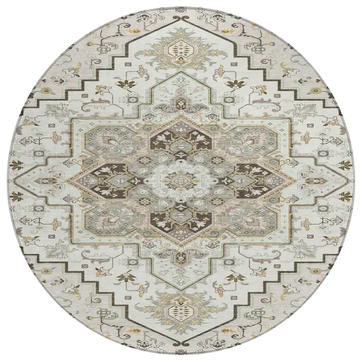 8' Ivory And Brown Round Oriental Washable Indoor Outdoor Area Rug