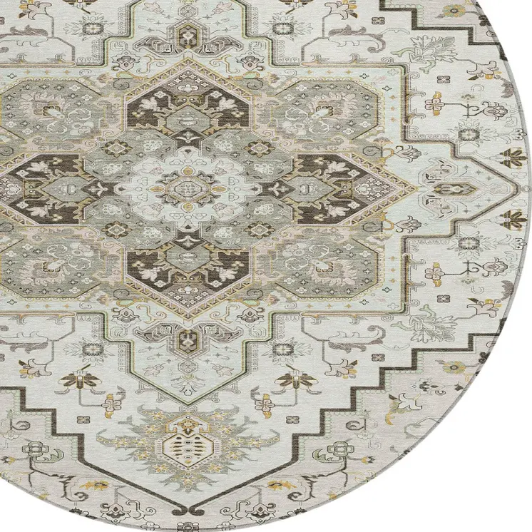 8' Ivory And Brown Round Oriental Washable Indoor Outdoor Area Rug