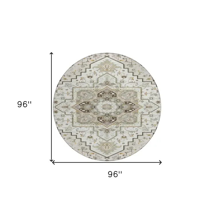 8' Ivory And Brown Round Oriental Washable Indoor Outdoor Area Rug
