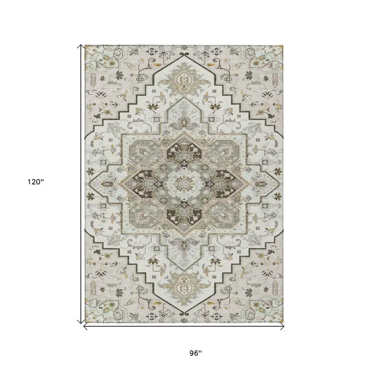 8' X 10' Ivory And Brown Oriental Washable Indoor Outdoor Area Rug