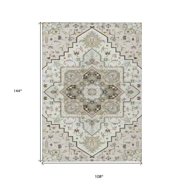 9' X 12' Ivory And Brown Oriental Washable Indoor Outdoor Area Rug